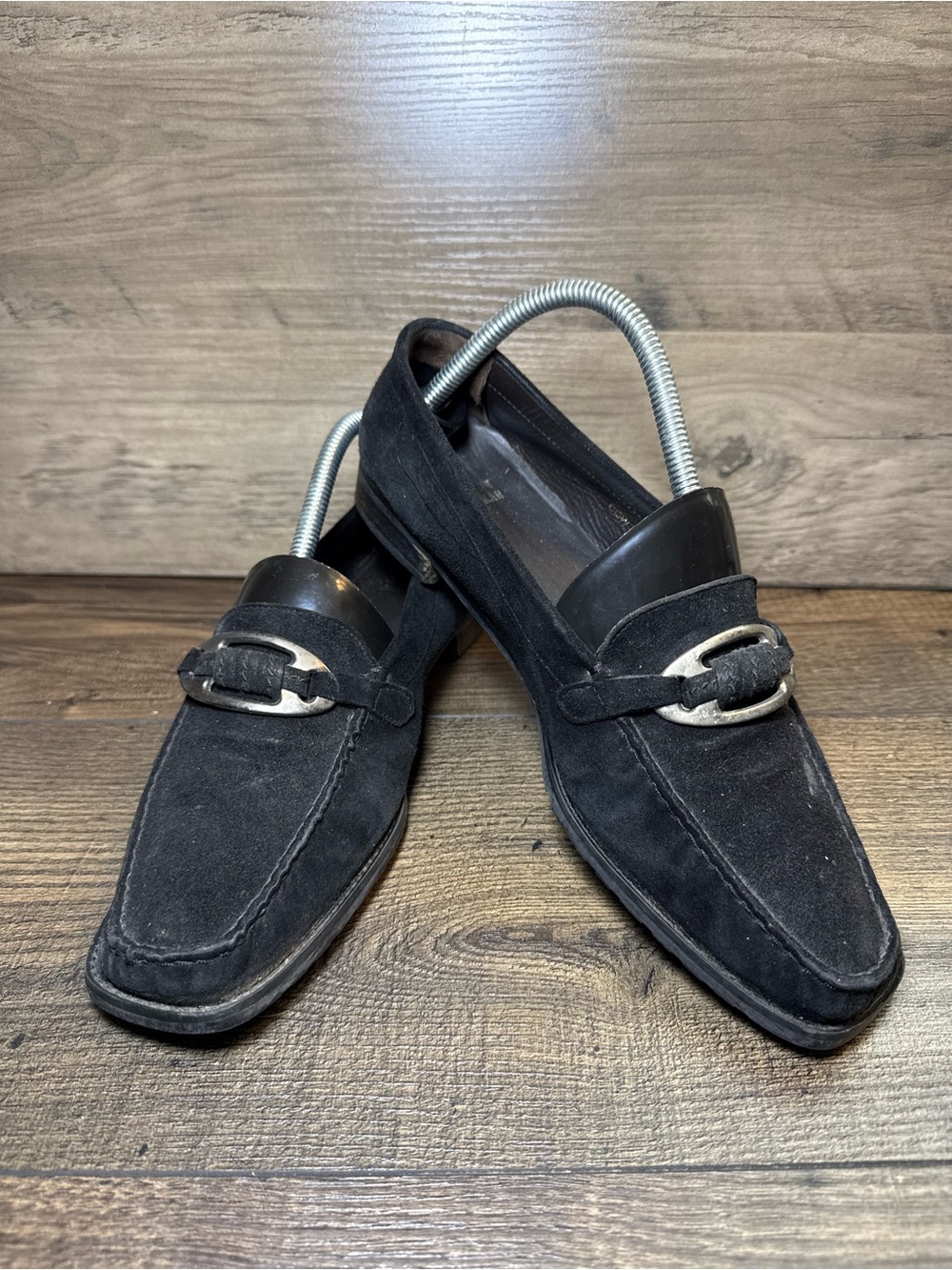 Stuart Weitzman Women's Black Suede Loafers Silver Metal Accent Size 10M